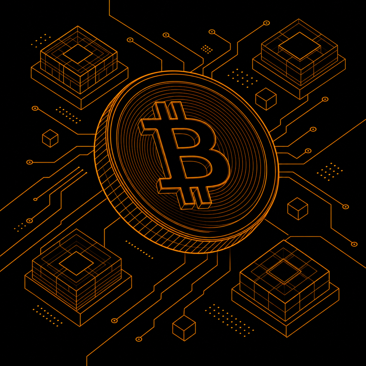 Abstract illustrative graphic of angular geometric circuit blocks in orange line art, symbolizing modular hardware infrastructure. Decorative artwork, not a photo of the actual equipment.